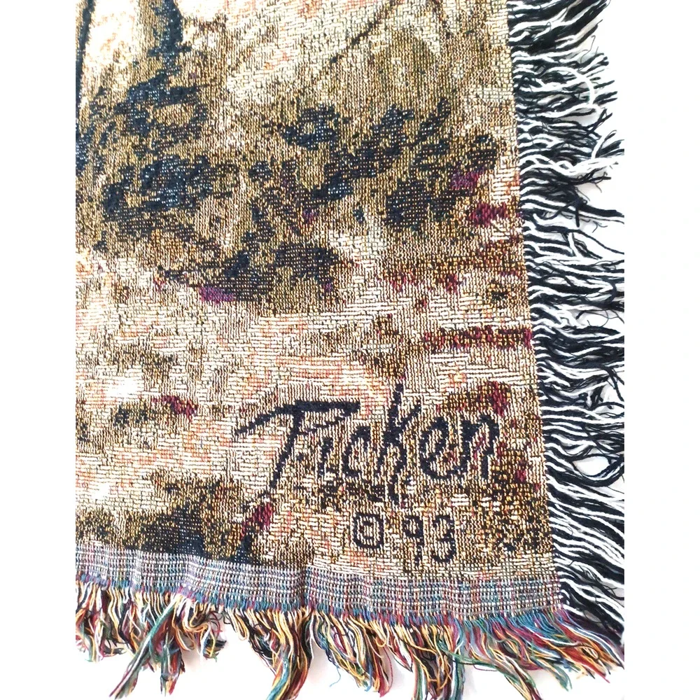 VTG Picken '93 Deer Buck Throw Tapestry Fringe Blanket Wall 50x65 Cabin Hunting